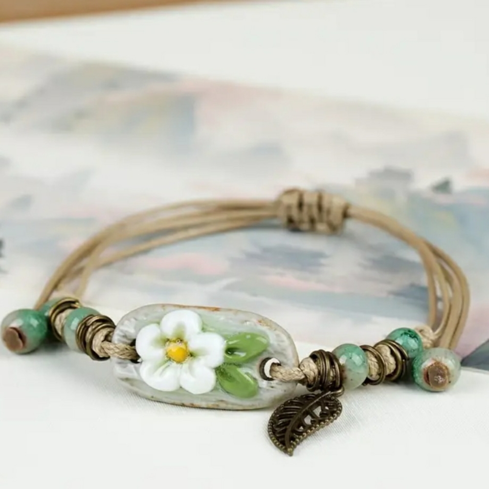 Floral Bohemian Bracelet with Leaf Accent